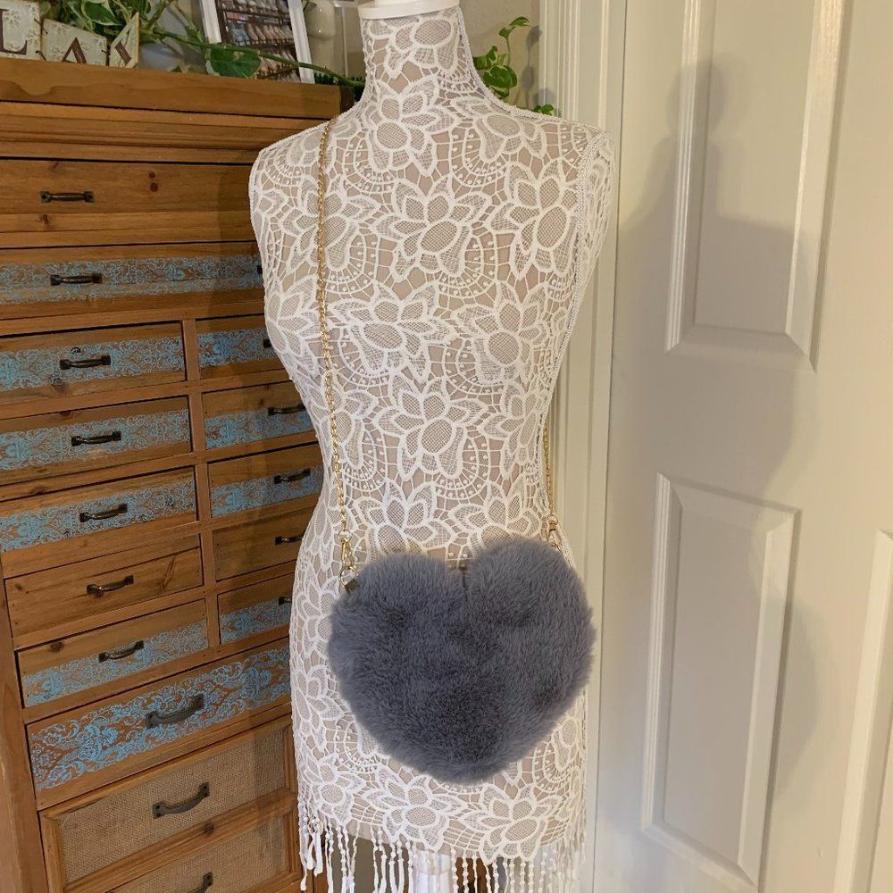 Heart Shaped Faux Fur Crossbody Bag - Gray - NWT